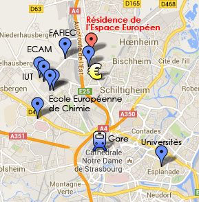 plan de localisation des studios meublés à Strasbourg